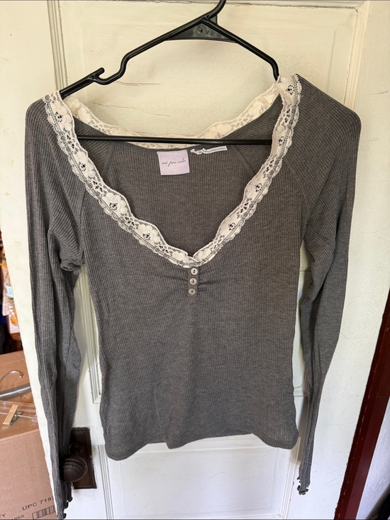 Urban Outfitters Tops - Urban Outfitters Gray Ribbed Long Sleeve Top with Lace Trim